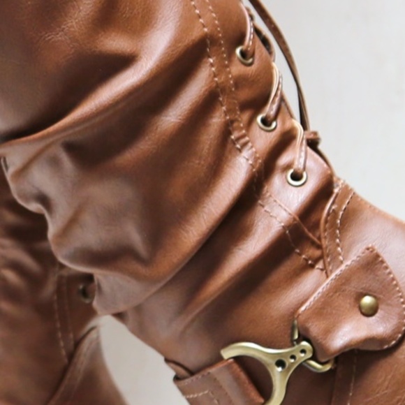 New Tan Mid-calf Lace Up Biker Heel Riding Boots - Picture 4 of 4